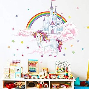 ROFARSO Colorful Unicorn Castle Stars Rainbow Clouds Large Wall Stickers Peel and Stick Removable Wall Decals DIY Decorations Decor for Nursery Baby Girls Bedroom Playroom Living Room