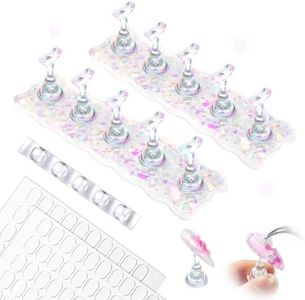 MelodySusie Nail Stand for Press Ons, White Shiny Acrylic Magnetic Base for Painting Display with Brush Holder and 100 Pcs Reusable Double-Sided Tape for Home DIY Salon Supplies