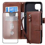 PartyUnix Compatible for Huawei NOVA 7i Flip Zipper Wallet Case [3 Card Slot+2 Wallet][1& Wrist Strap][Kickstand] Magnetic Leather Shockproof with 1& Tempered Glass Screen Protector,Brown