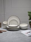 MIAH Decor Handcrafted Matte Finish Stoneware Dinner Set-Pack of 14| Gaura Collection|White with Black Rim|Microwave/Oven/Freezer & Dishwasher Safe| MDFE-022A