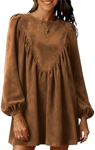 Huaqiao Womens A-Line Faux Suede Peplum Pleated Babydoll Mini Dress Casual Long Sleeves Crew Neck Swing Dress(Brown-M)