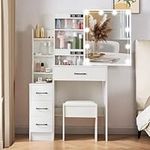 Vanity Desk with Mirror and Light, Makeup Vanity with Mirror and 3 Lighting Modes, Brightness Adjustment, Vanity Set with Stool and Shelves, White