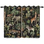 YongFoto 117x183cm Animal World Blackout Curtains Jungle Wildlife World Elephant Giraffe Wild Safari Green Forest for Living Room Bedroom Window Drapes, 2 Panels Home Set With Holes