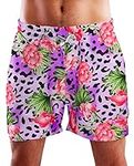 King Kameha Funky Hawaiian Board-Shorts Trunks Swim-Pants, Leopard Flowers, Purple, L