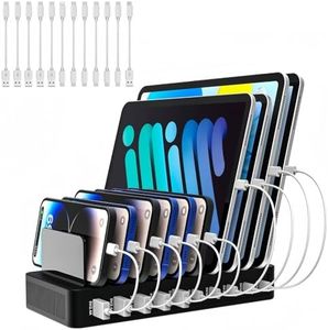 CyperEver 100W USB C Charging Station for Multiple Devices - 10 Ports USB Charger Hub with Smart IC Tech, Flat Plug, Adjustable Dividers, Compatible with iPhone, iPad, Galaxy, Tablet