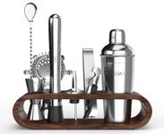 Saki Home Decor Cocktail Shaker Gift Set with Wooden Stand- 10-Piece, Bartender Kit : Shaker, Spoon, Jigger, Muddler, Strainer, Wine & Beer Bottle Opener, Pour Spouts, Tongs (Without Gift Box)