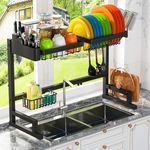 ADBIU Over The Sink Dish Drying Rack (Expandable Height and Length) Snap-On Design 2 Tier Large Dish Rack Stainless Steel (24" - 35.5" L x 12" W x 19" - 22" H)