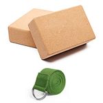 Jim's Store 2PCS Natural Cork Yoga Blocks and Strap Set High Density,Professional Pilate Bricks,Anti-Slip,Comfortable Gym Yoga Block Cork,Support Deepen for Yoga Pilates (Cork-1)