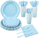 Xiangqu 175 Pcs Light Blue Paper Plates and Napkins, 25 Guest Baby Blue Party Supplies Include Light Blue Scalloped Plates Napkins Cups Plastic Spoons Forks Knives for Baby Shower, Wedding, Birthday