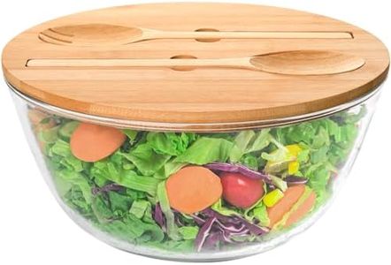 LOVYANXUE 10.6" Glass Salad Bowl with Lid, 4.7 Quart Large Capacity Mixing Bowls with Utensils, Versatile Serving Bowls for Salads,Fruits,Pasta,Popcorn,Trifle Bowl, Microwave Safe