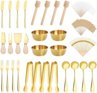 Foyucool 98 Pcs Charcuterie Board Accessories, Stainless Steel Cheese Spreaders with Wooden Handle Forks Spoons Mini Serving Tongs Honey Dippers Sauce Cups Toothpick Flags Charcuterie Utensils, Gold