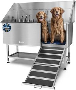 KANIS Professional Stainless Steel Dog Bathing Station - Grooming Tub w/Ramp, Storage Shelf, Floor Grate & Faucet/Dog Bathtub for Large, Medium & Small Pets (61", Right RAMP - Shelf)