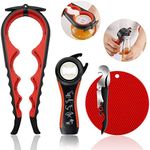 Jar Opener for Weak Hands, Seniors with Arthritis, 5 in 1 Multi Function Bottle Opener Lid Opener For Arthritic Hands with Non Slip Rubber Jar opener Gripper Pad and Corkscrew Wine Opener(RED)