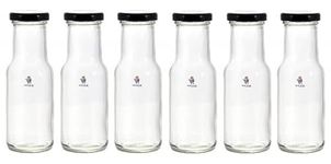 Machak 200 ml Glass Bottles for Milk, Juice with Rust Proof & Airtight Black Cap (6 Pieces)