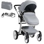 Maxmass Foldable Baby Pushchair, Lightweight Infant Stroller with Adjustable Handle & Canopy, Removable Foot Cover & Mosquito Net, Convertible Seat, Storage Bag, Toddler Buggy for 0-3 Year Old (Grey)