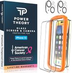 Power Theory compatible with iPhone 15 Screen Protector with Camera Lens Protectors Premium Tempered Glass, [Benefits American Cancer Society], Easy Install Kit, Case Friendly, 2 Pack