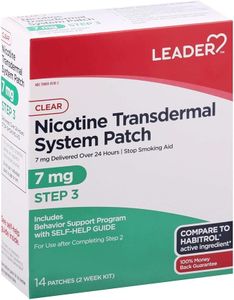 Leader Nicotine Patch Stop Smoking Aid, Step 3 7 mg, Nicotine Transdermal System, 14 Count, 10-Pack Green