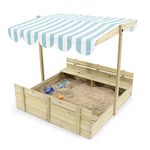 Plum Sandpit with Canopy - Wooden Sandpit Sandbox with Sun Protection Roof - The Height-Adjustable Canopy. Two Wooden Side Benches - Cover and Liner Included