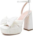 Dixkape Platform Bow Heels for Women Ankle Strap Heeled Sandals Womens Chunky Block High Heels for Party Prom, White, 7.5