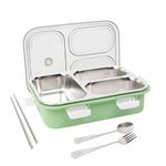 Brand Conquer Lunch Box 3 Compartment Leak-Proof BPA Free Stainless Steel for School, Lunch Box for School & Office with a Fork, a Spoon and a Pair of Chopsticks (3 Compartment, Green)