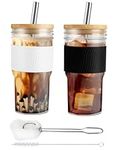 2 Pack Glass Cups with Lids and Straws 22oz/650ml Reusable Glass Tumbler Iced Coffee Cup with Bamboo Lids and Stainless Steel Straws Drinking Glasses Cups Set for Coocktail, Whiskey, Beer, Milk, Juice