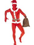 Smiffys Santa Second Skin Costume & Sack, Red with Bodysuit, Concealed Fly & Under Chin Opening, Christmas Adult Fancy Dress, Santa Dress Up Costumes