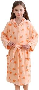 V.&GRIN Girls Robe, Kids Fleece Hooded Soft Plush Fuzzy Bathrobe for 3-14 Years（Coral Orange 7-8）