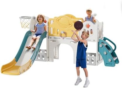 8 in 1 Toddler Slide, Kid Slide for Toddlers with Ring Toss, Basketball Hoop, and Telescope, Indoor Outdoor Kids Playground,Yellow and Blue