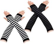 Boyiee 2 Pairs Striped Arm Warmers Long Fingerless Gloves Winter Wrist Warmers Fingerless Mittens Warm Stretchy Knit Thumbhole Striped Gloves for Office Typing Computer