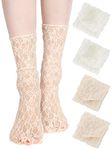 Geyoga 4 Pairs Women's Lace Ankle Socks Ruffle Frilly Socks Mesh Lace Loose Socks Slouch Socks Ankle High Socks for Women(White, Apricot, Medium)