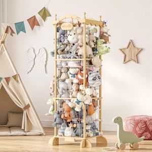 COSYLAND Stuffed Animal Storage Organizer for Kids Room - Large Pine Wood Plush Toy Holder with Elastic Cords & Nameplate - Cute Castle Toy Zoo for Toddler Room & Corner (Colorful Chain)