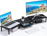 ETHU Dual Monitor Stand ,Double Monitor Riser for PC,Computer, Laptop and Printer,3 Adjustable Shelf Length and Angle Desktop Stand Organizer with Phone Holder and Drawer,Office Accessories.