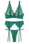 Aranmei Women's Lingerie Set With Suspenders Set Deep V Neck Lace Bra and Panty Garter Belt Lingerie Set (No Stockings), Green, S