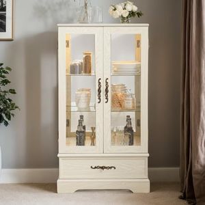 CKEASEAN Curio Cabinet 47" H Vintage Glass Display Cabinet with 3-Tier Adjustable Glass Shelves, Acrylic Mirrored Back Pane, Light Blub Included, China Cabinet for Living Room (White)