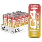 C4 Smart Energy Drinks Red Berry Yuzu 330ml (12 pack) | Sugar Free Energy Drink with 106mg Natural Caffeine, Brainberry, Nootropics, Vitamin C | Natural Energy Drink for Mental Focus On the Go