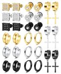 JeweBella 15Pairs Mens Earrings Stainless Steel Silver Stud Earrings Set Black Hoop Earrings Gold Cross Dangle Hoop Earrings Cartilage Zirconia Earrings Fashion Piercing Earrings for Men Women