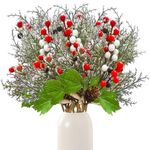 6pcs Artificial Christmas Snowy Cedar Picks with Red Berries Artificial Berry Pine Branches Long Faux Pine Stem with Pinecones for Xmas Tree Wreath DIY Craft Floral Arrangement Holiday Decor (No vase)