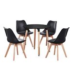 Life Interiors Round Dining Room Table Set for 4-90 cm Round Table & Dining Room Chairs Set of 4 with Cushions - PU Padded Seat w/Solid Wood Legs - Modern Round Dining Set - Black