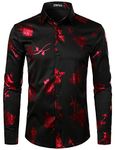 ZEROYAA Mens Hipster 3D Rose Deign Slim Fit Long Sleeve Button Up Dress Shirts ZZCL22 Black Red Large