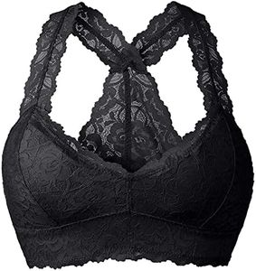 YIANNA Women Black Floral Lace Bralette Padded Breathable Sexy Racerback Lace Bra Bustier Crop Top Wirefree, YA8332-Black-L