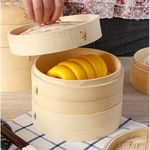 ANJIAOSHOU Bamboo Steamer, Handmade 2-Tier Steamer, 8-Inch with Lid, Ideal for Steaming Rice, Dumplings, Vegetables, Fish, Meat, etc., Natural Color