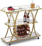 Bar Cart Gold, Gold Bar Cart with Wine Rack and Glass Holders, 3 Tiers Gold Beverage Cart with Lockable Wheels, Metal Gold Win Carts for Home, Kitchen, Party