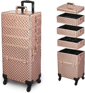 Adson Rolling Train Case 4-in-1 Portable Makeup Train Case Professional Cosmetic Organizer Makeup Vanity Traveling case Trolley Cart Trunk(Rose Gold)