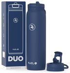 Fuel24 Duo - Stainless Steel Water Bottle 700ml or 1L - Vacuum Insulated Metal Flask with Straw (Dual use Lid) 1 Litre - for Sports, Gym, Work – Slim Design (Midnight, 1000 ml)
