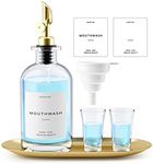 Moryimi Mouthwash Dispenser, 16oz Glass Decanter for Bathroom, Mouth Wash Container Bottle with Pour Spout, Reusable Dispenser Set Cups, Gold Tray and Funnel (SKS002)