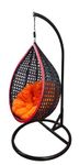 Hindoro Rattan Wicker Wrought Iron Single Seater Swing Chair with Stand & Cushion & Hook Outdoor || Indoor || Balcony || Garden || Patio || Living Outdoor Furniture (Black with Orange, Unique Shape)