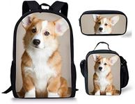 HUGS IDEA 3 Pcs School Bag Set with Thermal Insulated Lunch Tote Purse Pencil Case, Corgi Dog-beige, Large, Traveling