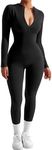 SUUKSESS Women Long Sleeve Ribbed Jumpsuit Sexy Zip up Front Workout One Piece Bodycon Jumpsuit Romper (Black, XL)