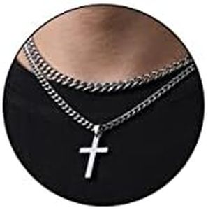 Zocomi Layered Cross Necklace for Men Boys, Stainless Steel Double Cross Pendant Layer Cuban Link Chains Religious Christian Christmas Valentines Confirmation Jewelry Gifts Male Teen Him Silver