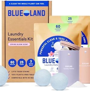 BLUELAND Laundry Essentials Kit, Spring Bloom - Plastic-Free Laundry Detergent Tablets, Oxi Booster, and Reuseable Natural Wool Dryer Balls